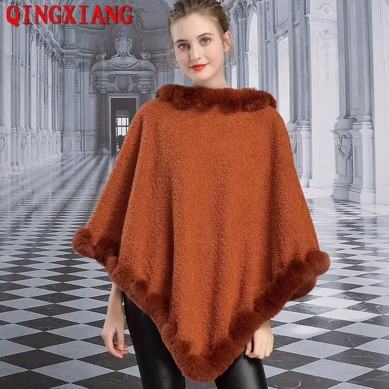 

5 Colors Grain Velvet Warm Pullover Winter Faux Fox Fur Out Street Thick Wear Women Triangle Big Pendulum Cape O Neck Shawl Coat