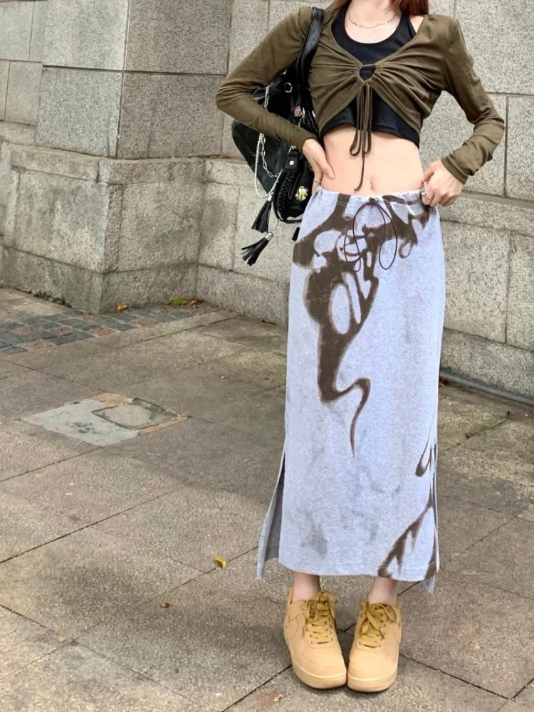 

Harajuku Printing Casual Skirts Womens Y2k Aesthetic High Waist Drawstring ​grunge Skirt Summer Vintage Split Streetwear Falda