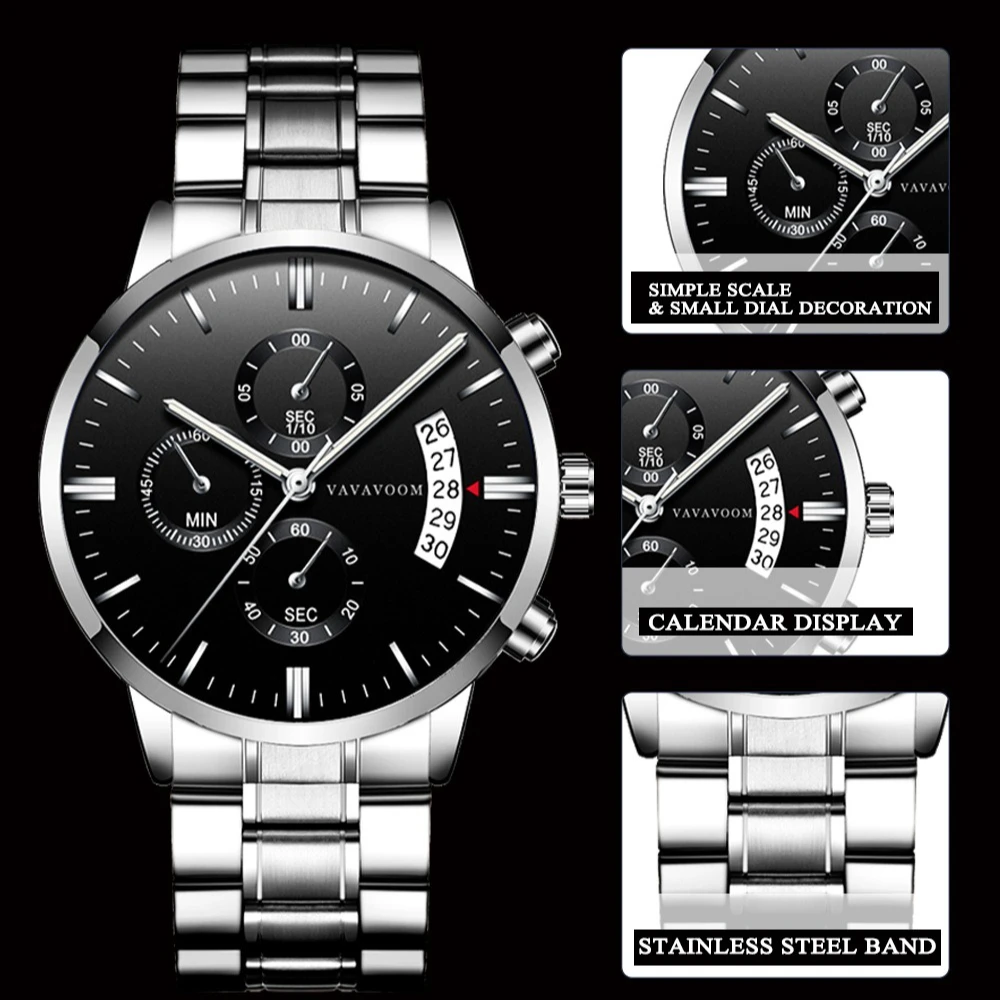 VA VA VOO M214 Luxury Steel Strip Quartz Mens Watch Luminous Waterproof Calendar Watches for Men Relogios Masculino Reloj Hombre