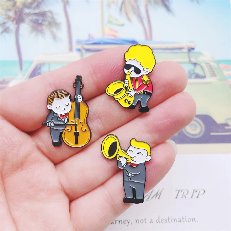 Creative Cute Characters Playing Music Enamel Pins Musical Instrument Saxophone Guitar Trumpet Alloy Brooch Badge Woman Jewelry