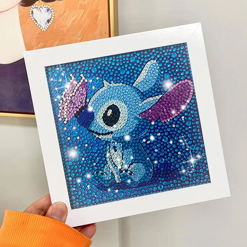 17x17cm With White Frame 5D Full Round Drill Diamond Painting Kit Cute Big Ears Blue Alien Pet Boba Milk Tea Sparkle Cyan Bubble view 3