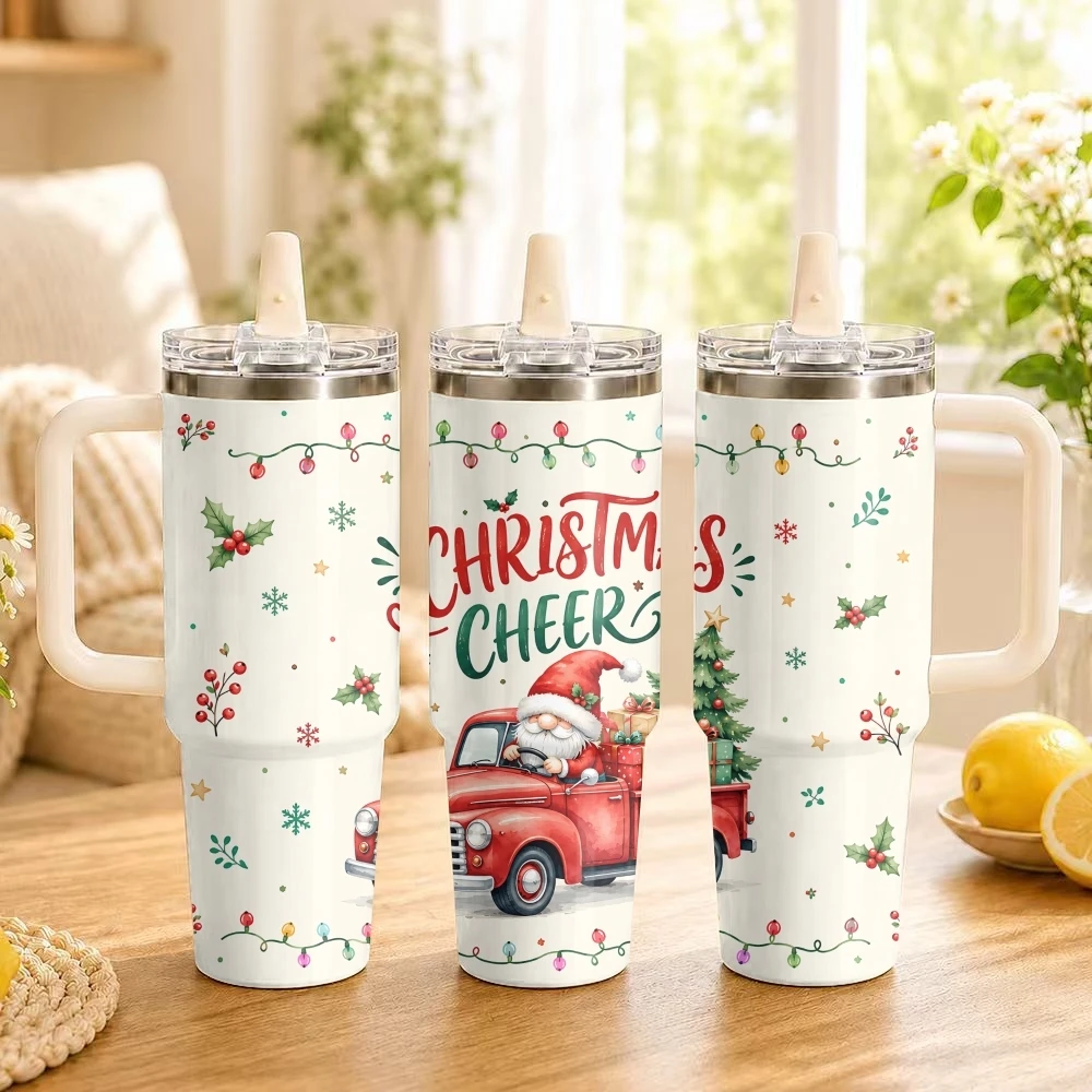 Christmas Santa Claus Red Truck Vacuum Flasks 40oz Thermal Tumbler Handle Stainless Steel Insulated Water Portable Mug Cup