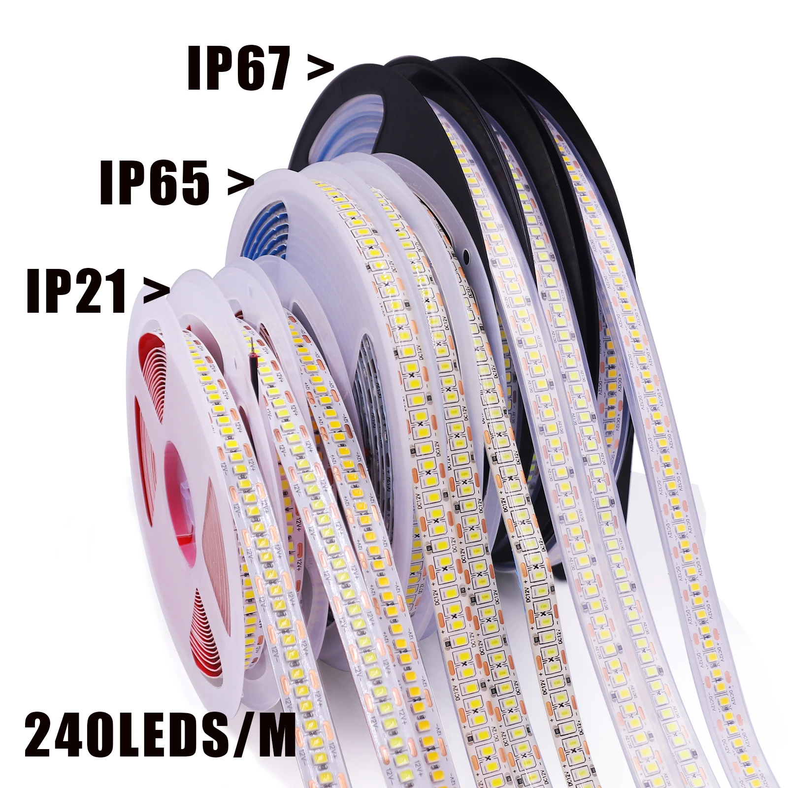 Bande lumineuse LED flexible, 12V, 24V DC, étanche IP67, IP65, IP21, SMD 2835, 240 diodes/m, blanc chaud/naturel, décoration d\'intérieur