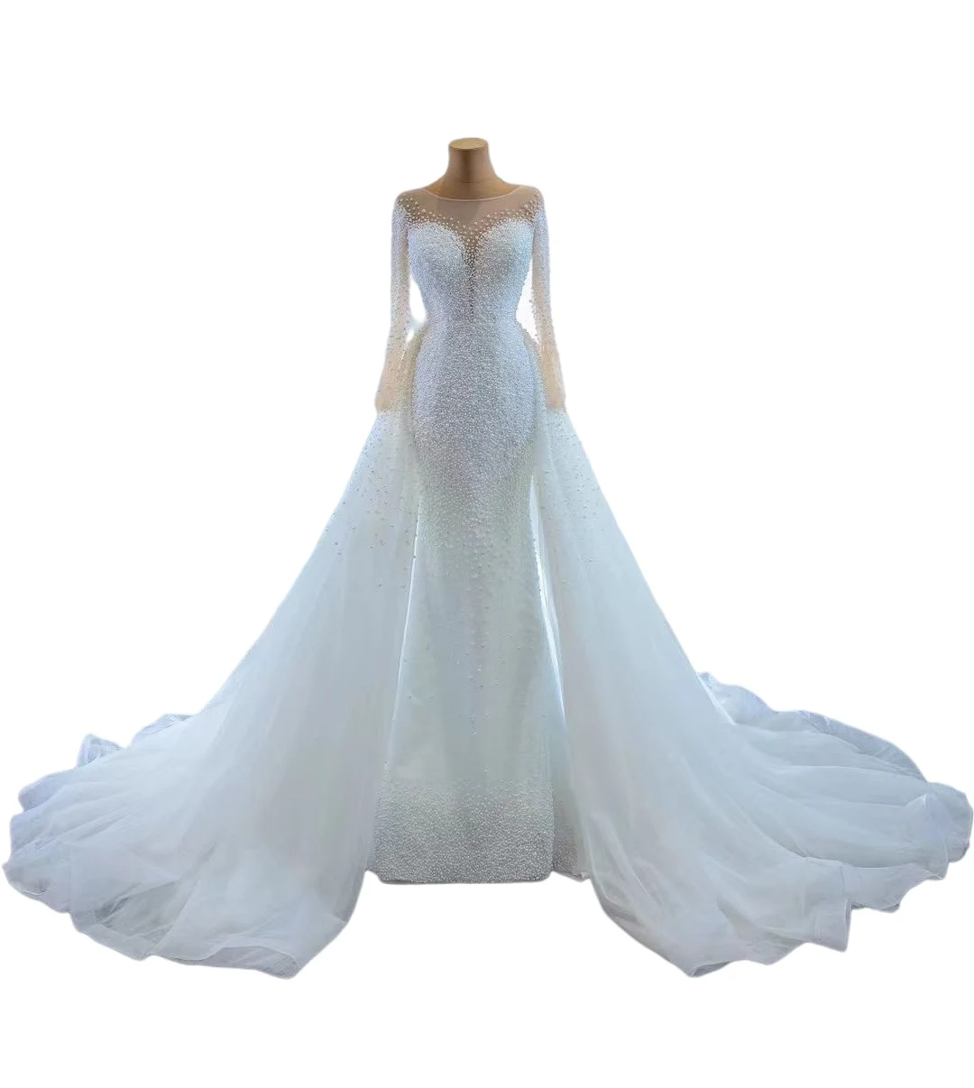 Illusion Langarm Kristall Meerjungfrau Hochzeit Kleid mit entfernen zug robe de mariage Perlen Lace-up Korsett Zurück Braut kleider