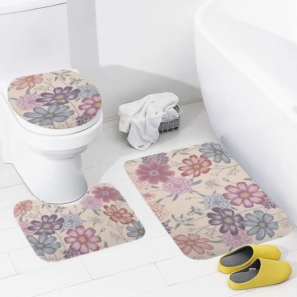 

Набор ковриков для ванной, комплект из 3 предметов, весенний цветочный винтажный викторианский стиль, роскошная нескользящая комбинация для ванной комнаты, включая U-образную форму