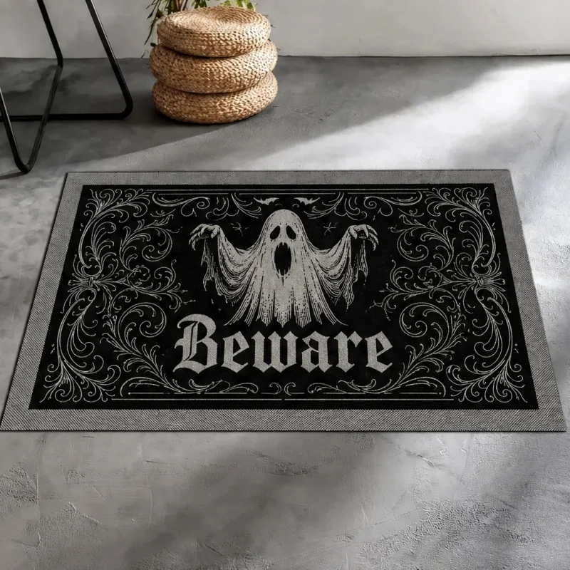 Beware Ghost Halloween Doormat, Vintage Ornate Pattern Entry Mat, Gothic Front Porch Decor