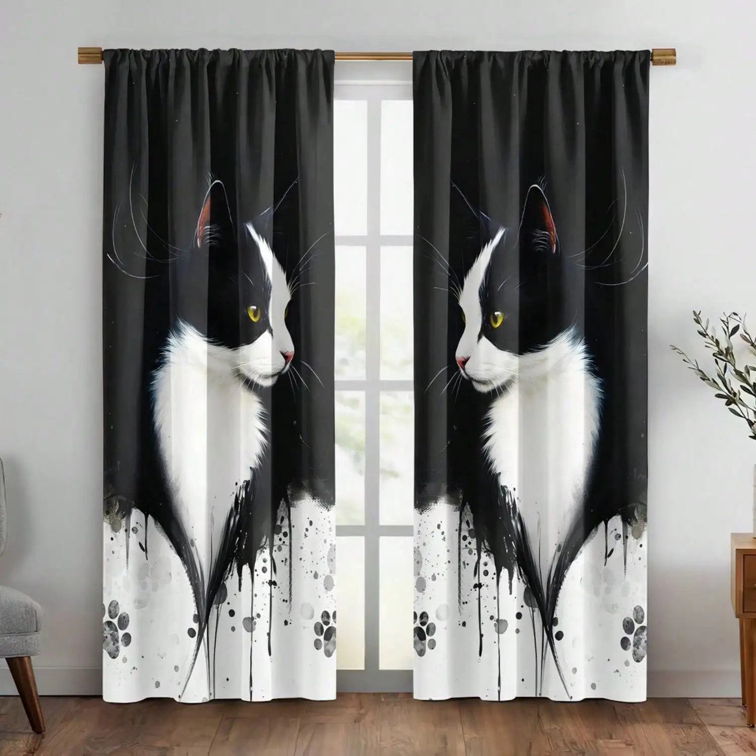 Black and White Cat Curtain, Pet Paw Print Design Blackout Curtains, Tuxedo Cat Face Drapes, Animal Lover Decor, 2 Panels