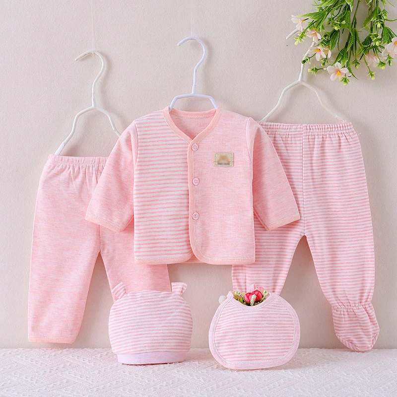 5Piece Spring Autumn Boys Girls Outfit Sets Casual Cute Stripe Long Sleeve Cotton Tops+Pants+Hat+Bibs Newborn Baby Clothes BC509