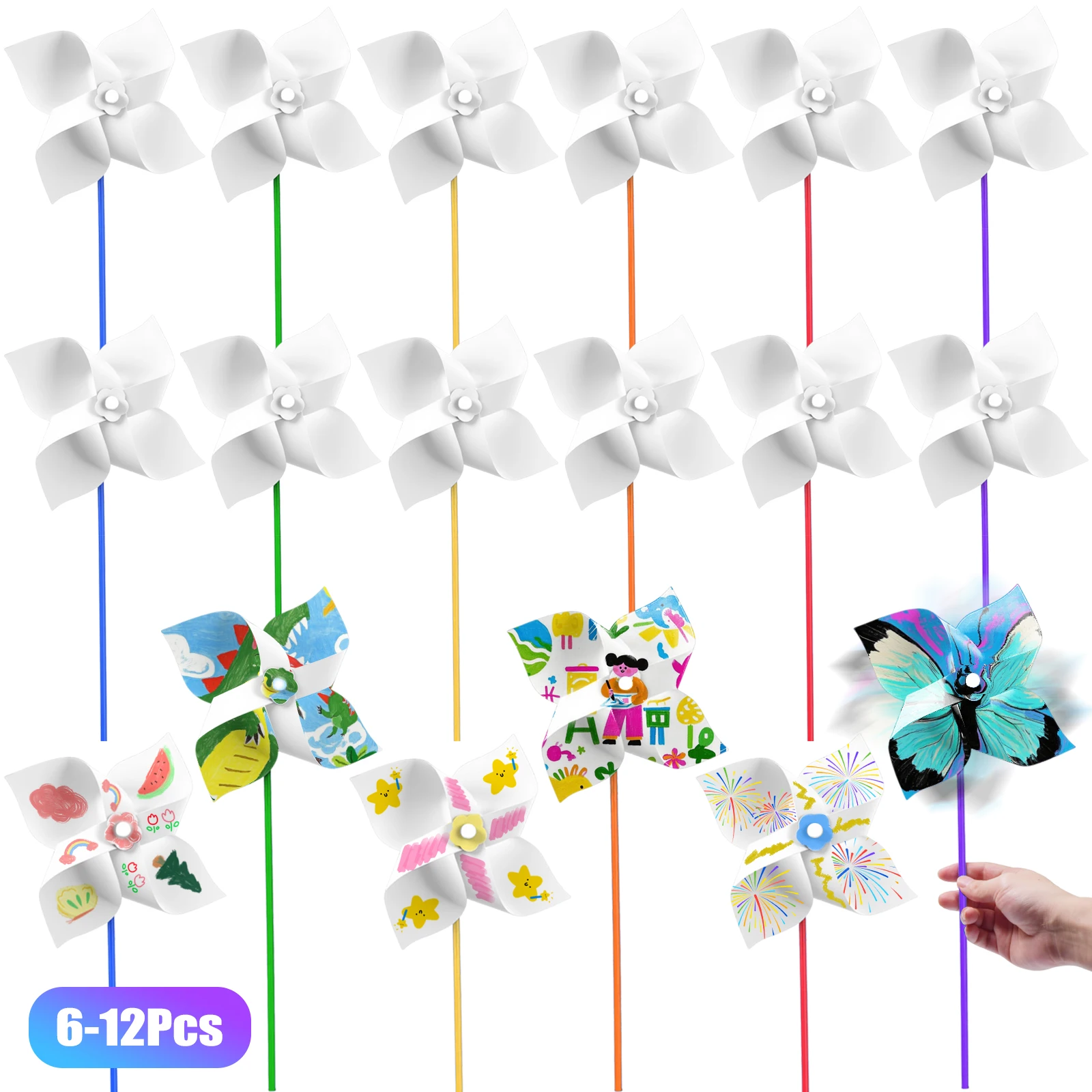 6-12Pcs DIY Paper Pinwheels for Kids White Blank Paper Pinwheel Craft Kit for Summer Activities School Daycare Home Fun Graffiti