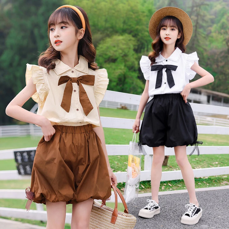 

Summer Suit for Girls 2023 New Children Bow Tie Short Sleeve + Loose Shorts 2pcs Set Teenager Cute Clothing 6 8 10 12 14