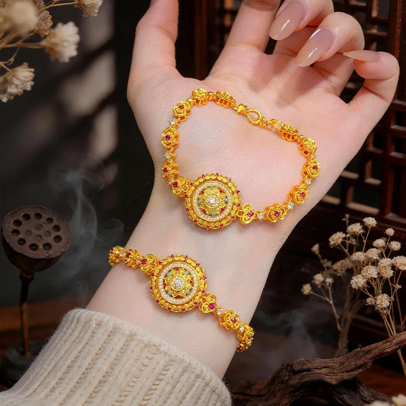 24k 9999Gold-plated diamond-encrusted enamel rotatable Ruyi lotus eight treasures compass bracelet Gifts for girlfriend
