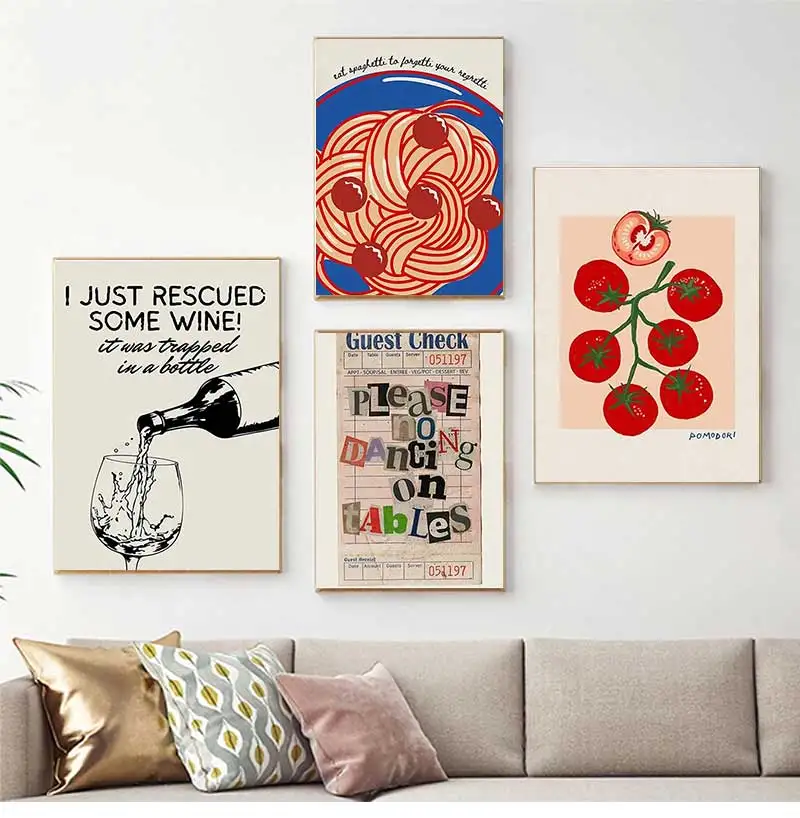 Wine Cheese Noodles Wall Art Canvas Painting Modern Aesthetic Posters Prints Art for Dorm Kitchen Bar Club Home Decor