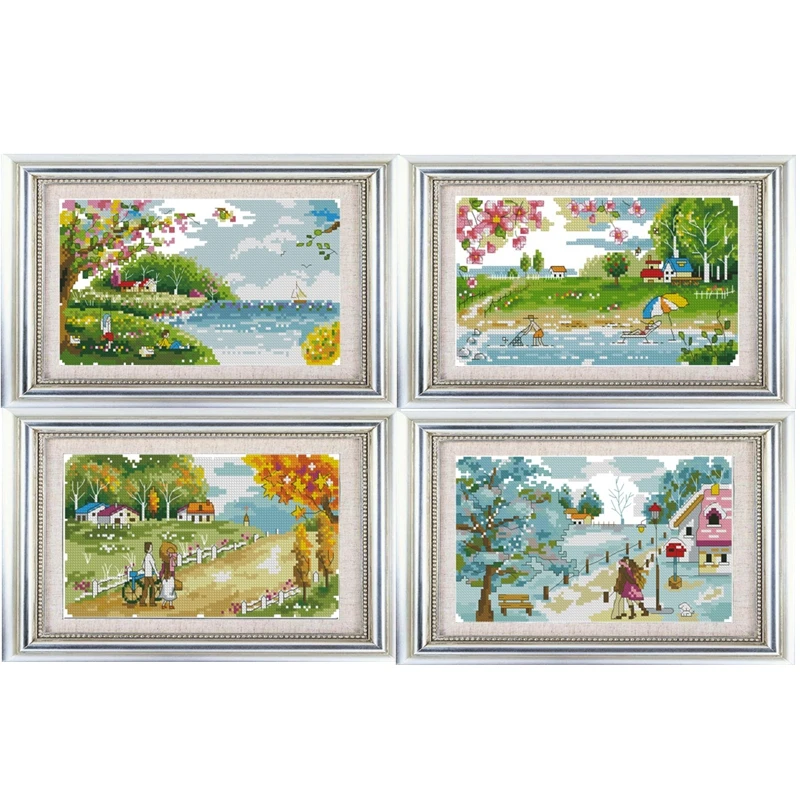 

Cross-stitch set, four Seasons Scenery, spring, summer, autumn and winter, with optional printed material packs