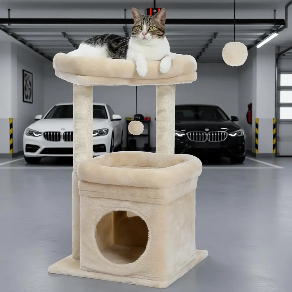 

Cat Tree, Indoor Cats Condo, Sisal Scratching Posts, Plush Pom-pom, Small Cats, Beige