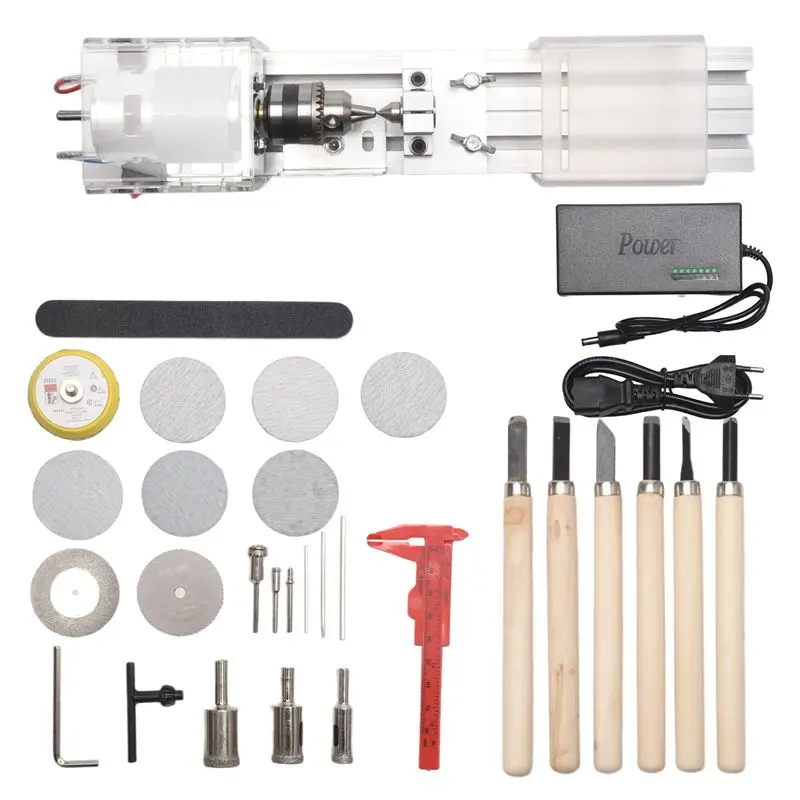 RABIT AS59~ Mini Lathe Machine DIY Woodworking Wood Lathe Milling Machine Grinding Polishing Beads Drill Rotary Tool Set EU Plug