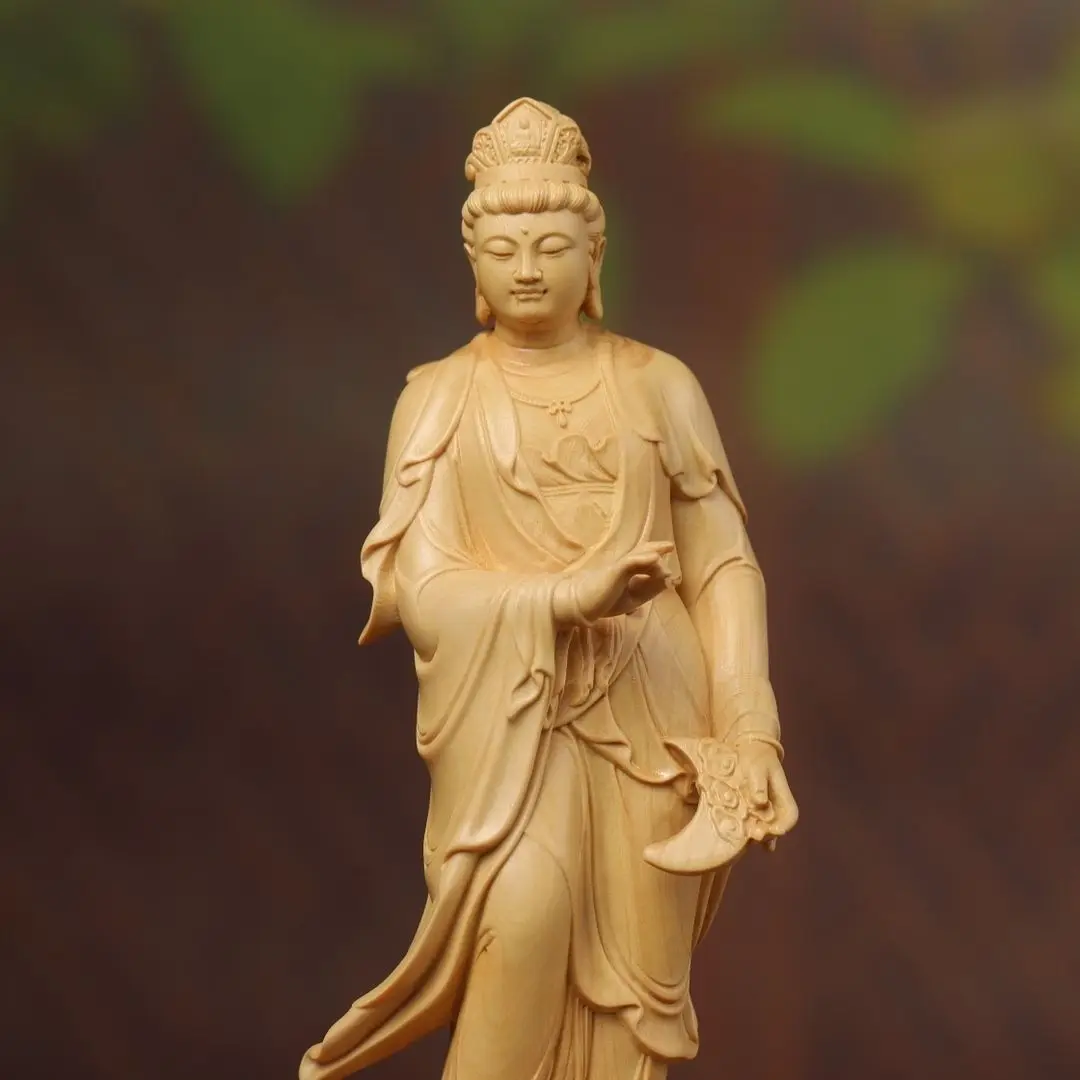 Boxwood Carving of The Sun and Moon Bodhisattvas Oriental Trinity Buddha Altar Ornament and Decorative