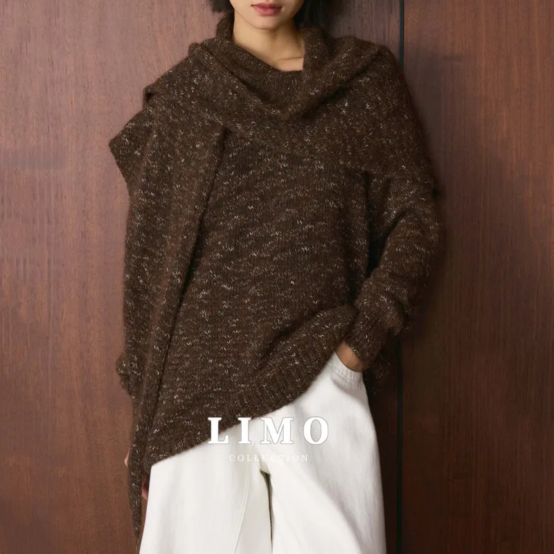 

LIMO Autumn Winter Fashion Knitted Poncho Shawl Sweater Two Piece Set Cozy Cable Fluffy Design Cotton Wool Blend Outerwear