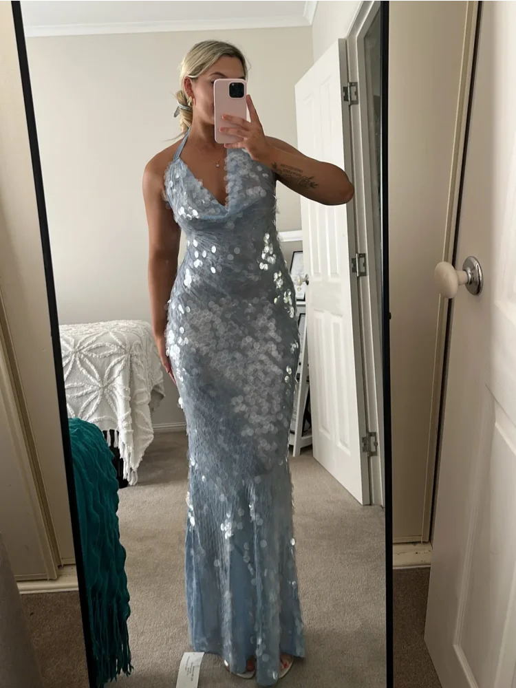 

Blue Sequin Fish Tail Dress Hanging Neck Sexy Socialite Robes Lace Up Slim Fit Waist Cinching Beach Halter Long Dresses Women