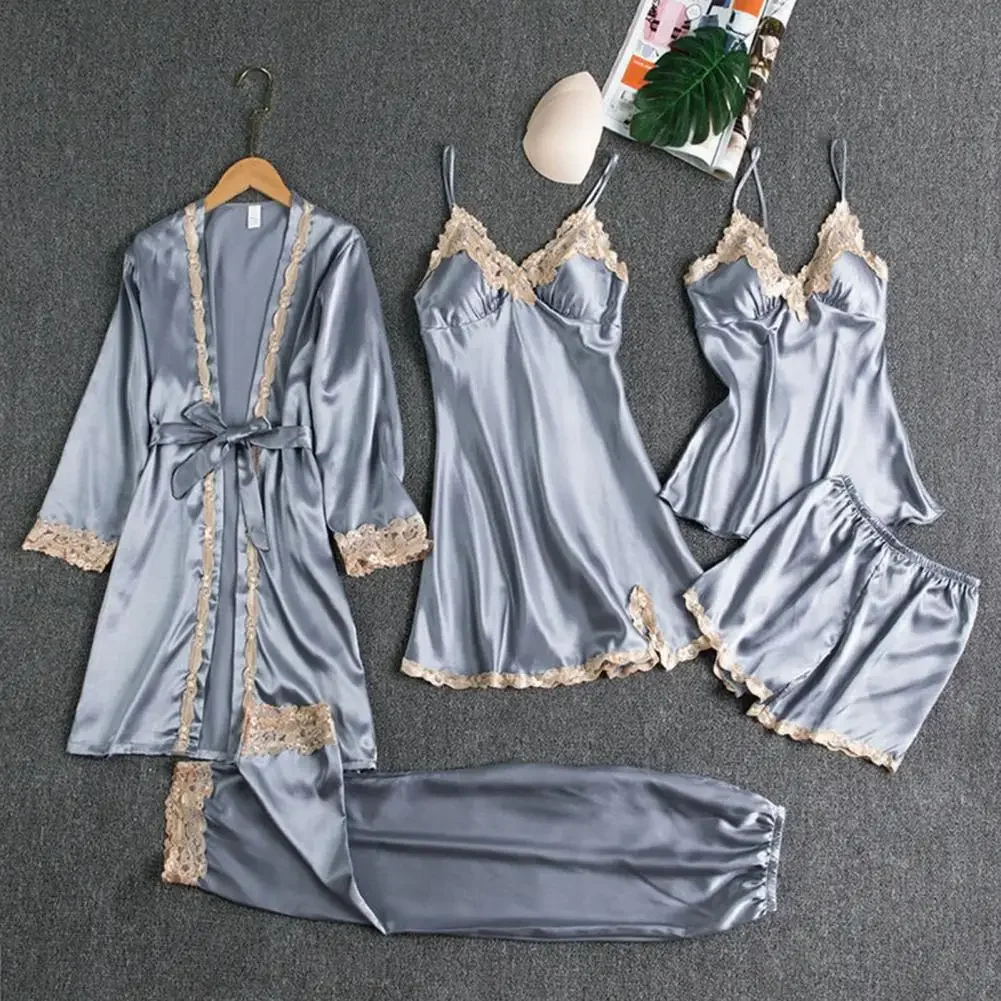 5-piece Pajama Set Silky Satin Lace Patchwork Women\'s Pajamas Set with Top Shorts Pants Loose Lace-up Waist Sleepwear for Women