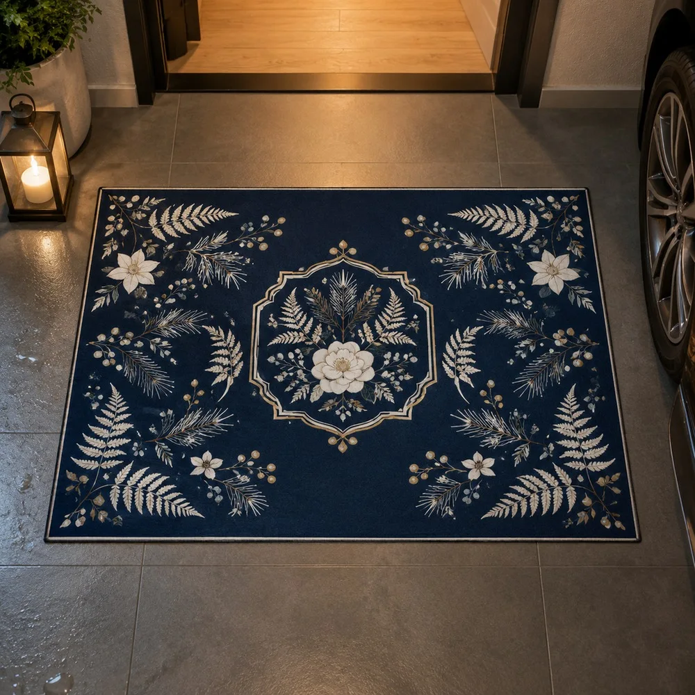 VIKAMA Floor Carpet Navy Fern Pine Camellia Botanical Soft Quick Dry Reading Nook Walk In Closet Bathroom Hallway Home Decor