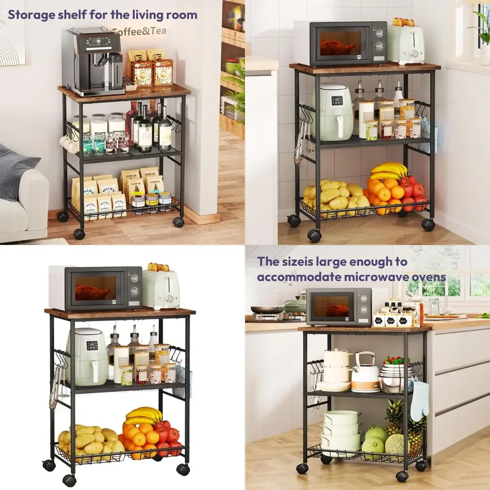 

3-уровневая кухонная тележка с подставкой для микроволновой печи, корзиной для хранения и крючками — мобильный органайзер для полки для дома и офиса