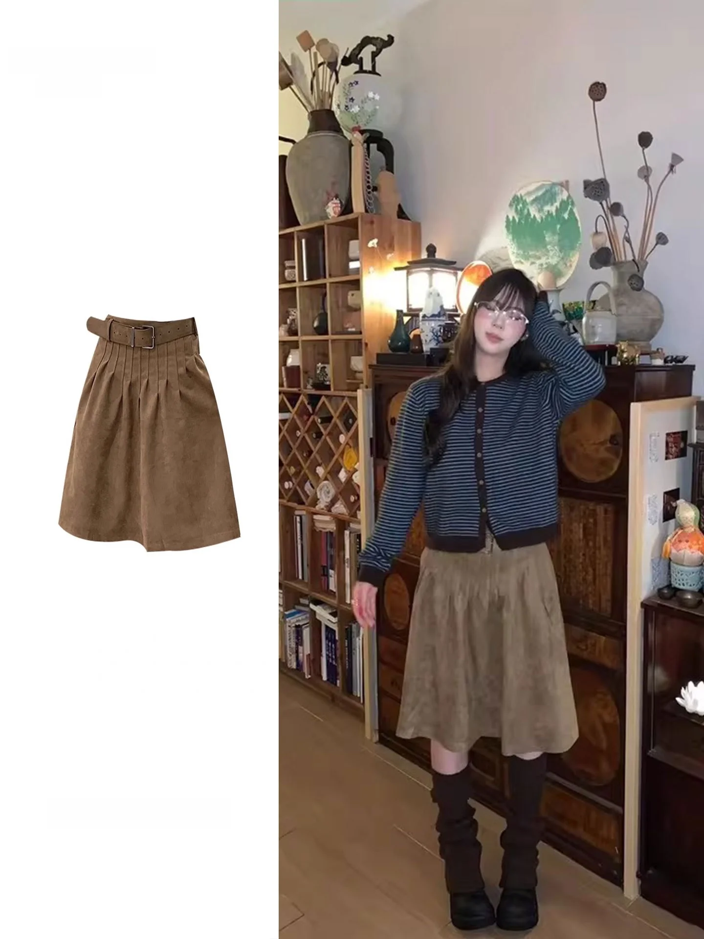 plus Size Khaki Retro A-Line  Skirt Women's Fashion Unique Beautiful Suede Skirt High Waist Casual Standard Fit Winter 2025