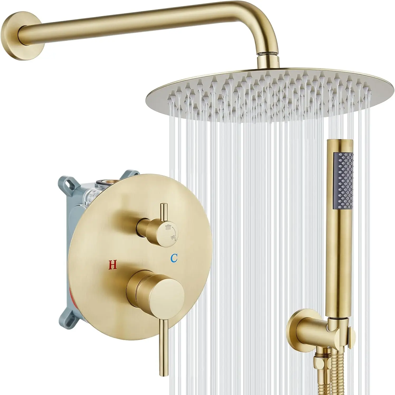 

10 Inch Rainfall Shower System with Handheld Spray, Brushed Gold Finish, High Pressure Wall Mounted Faucet Set