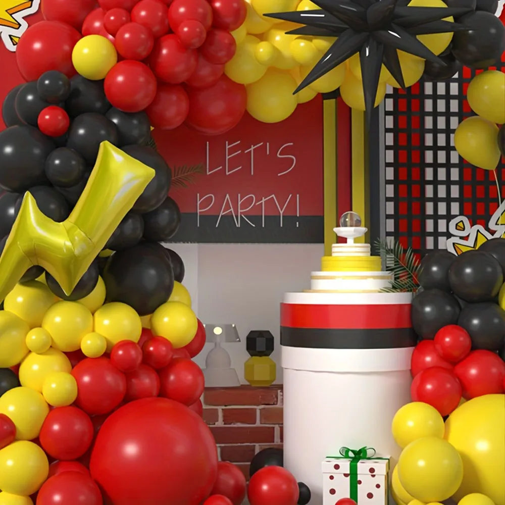 121-teiliges Rot-Schwarz-Gelb Ballongirlanden-Set mit Leuchtenden Schwarzen Explodierenden Sternen-Ballons für Geburtstagsparty-Dekoration