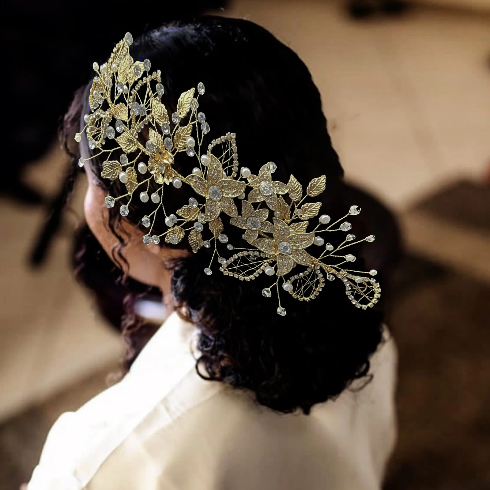 DZ218 Diadema nupcial de hojas de aleación dorada, accesorios para el cabello de perlas, banda para el cabello de boda, Tiaras de cristal para mujer y tocados para novias