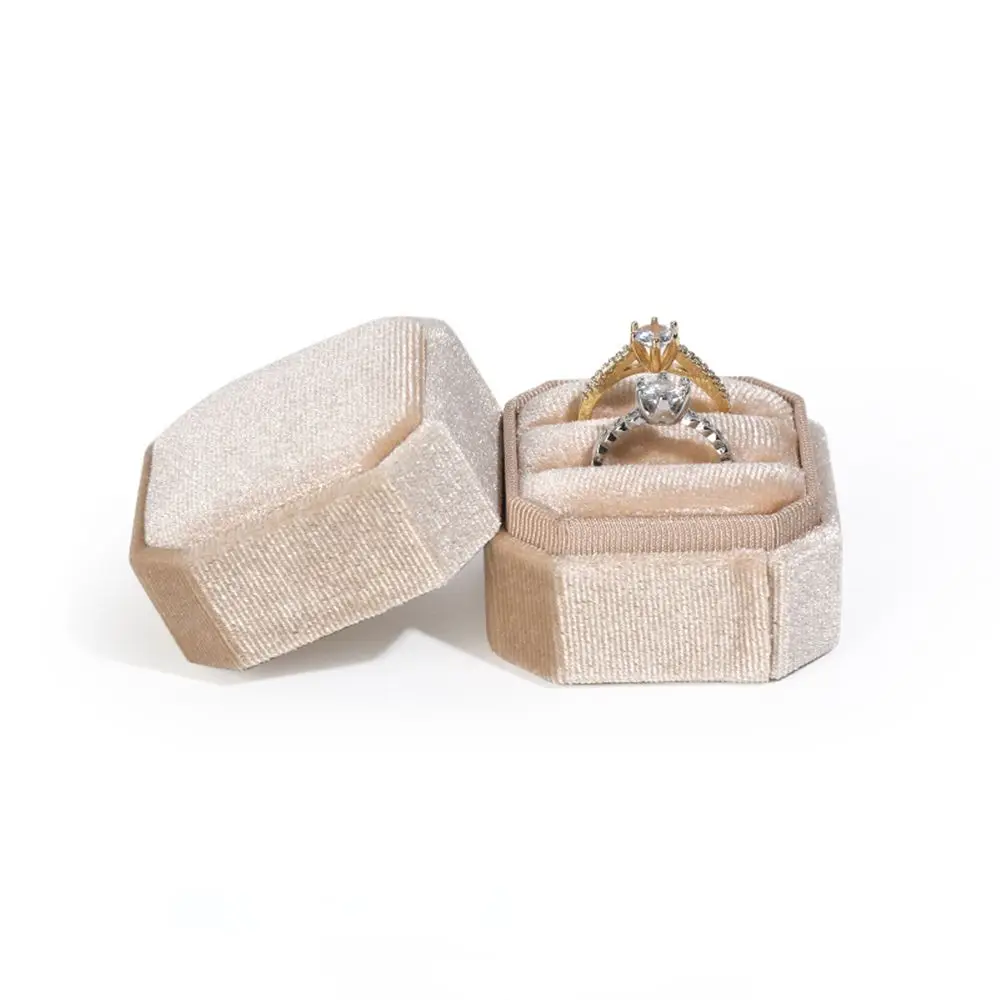 Engagement Octagon Square Wedding Double Ring Storage Box Velvet Jewelry Box Ring Display Box With Detachable Lid