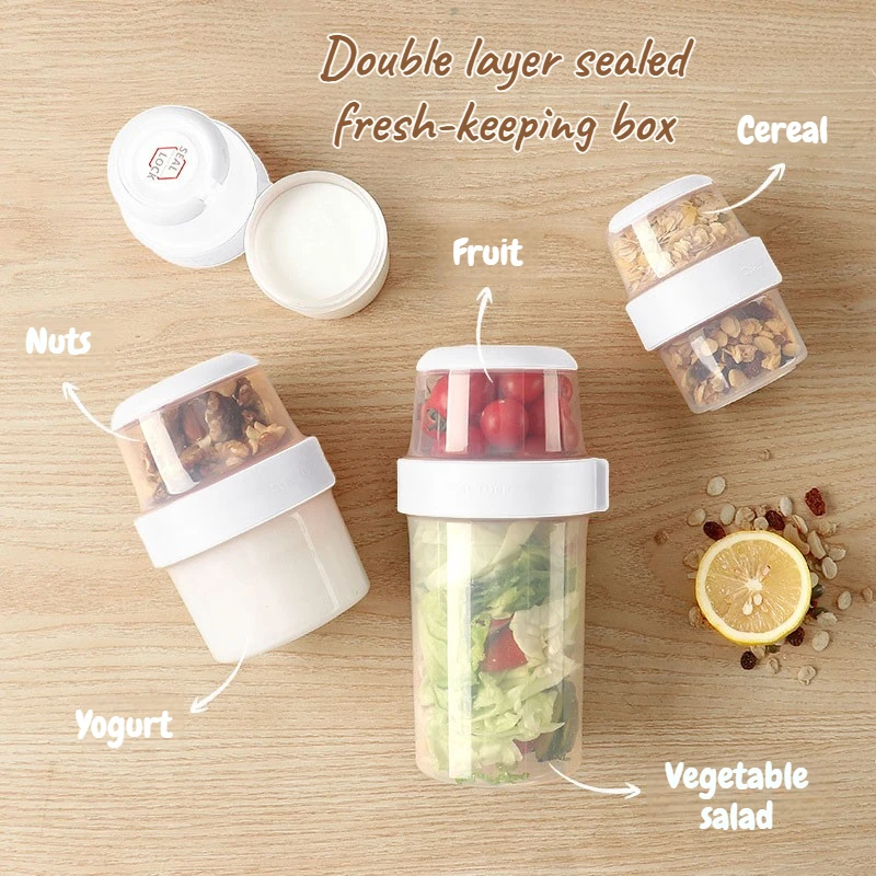 Caja hermética de doble capa para conservar alimentos frescos, contenedor sellado para avena, caja portátil para refrigerios de frutas y bento para llevar.