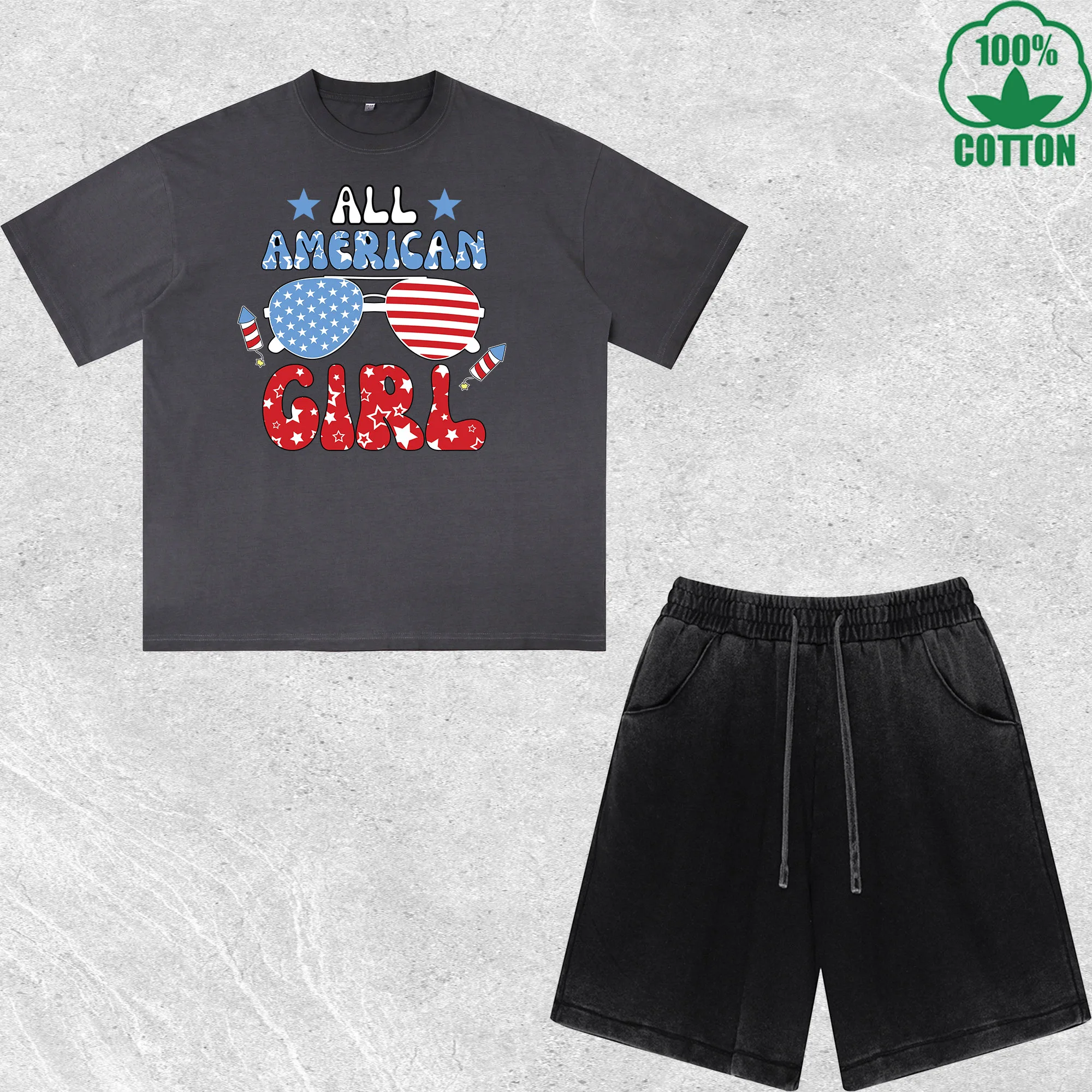

All American Girl Printed Dirty Wash T-Shirt Shorts Set Combo Loose Trendy Fashionable 100%Cotton Black Suit