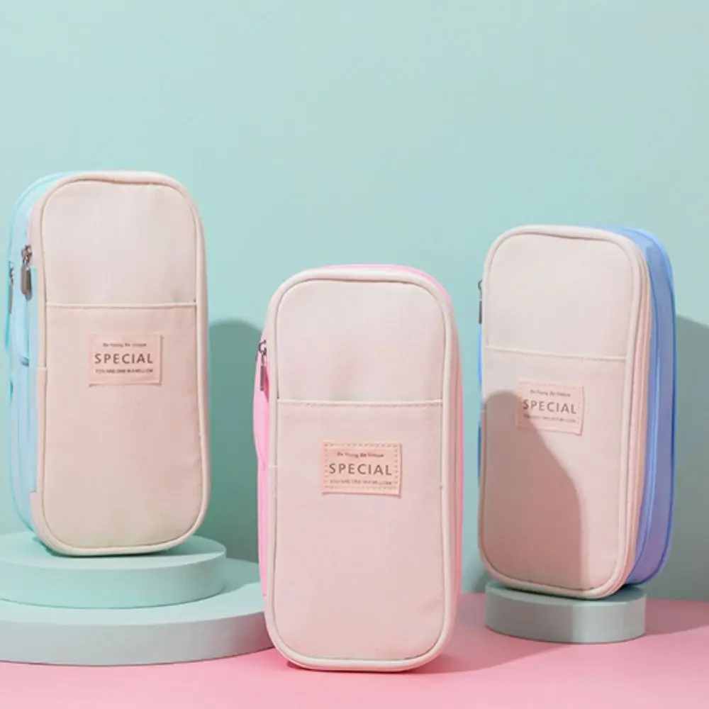 Polyester Simple Student Pen Bag Color Blocked Diagonal Storage Pencil Bag Multilayer Organizer Macaron Pencil Case Stationery