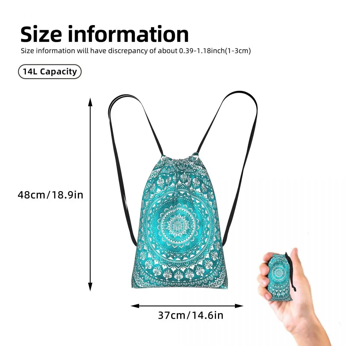 Mandala Turquoise Drawstring Backpack hiking cycling Bag Portable Travel Drawstring Bag for Men Women