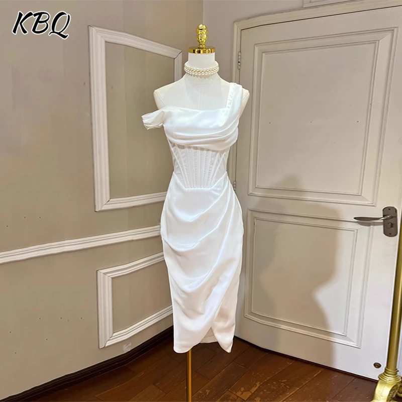 KBQ Temperament Irrregular Sloping Shoulder Evening Dresses For Women Strapless Fishbone Slimming Chic Fit Pleated Satin Dress