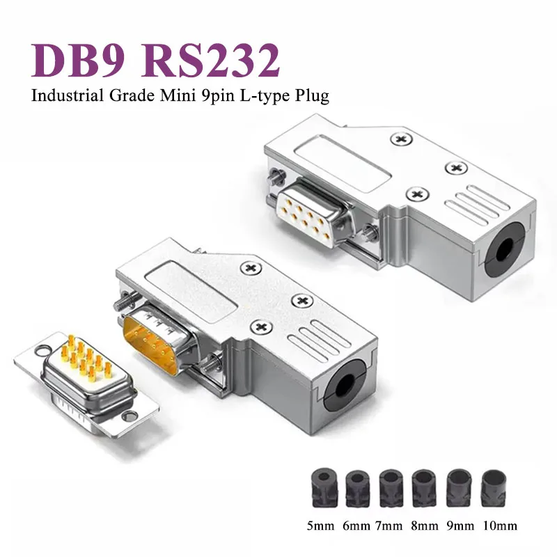 Metal Shell DB9 RS232 Serial Port Connector Mini 9pin L-type Plug Industrial Grade 90 Degrees Male Female Solid Needle Terminal