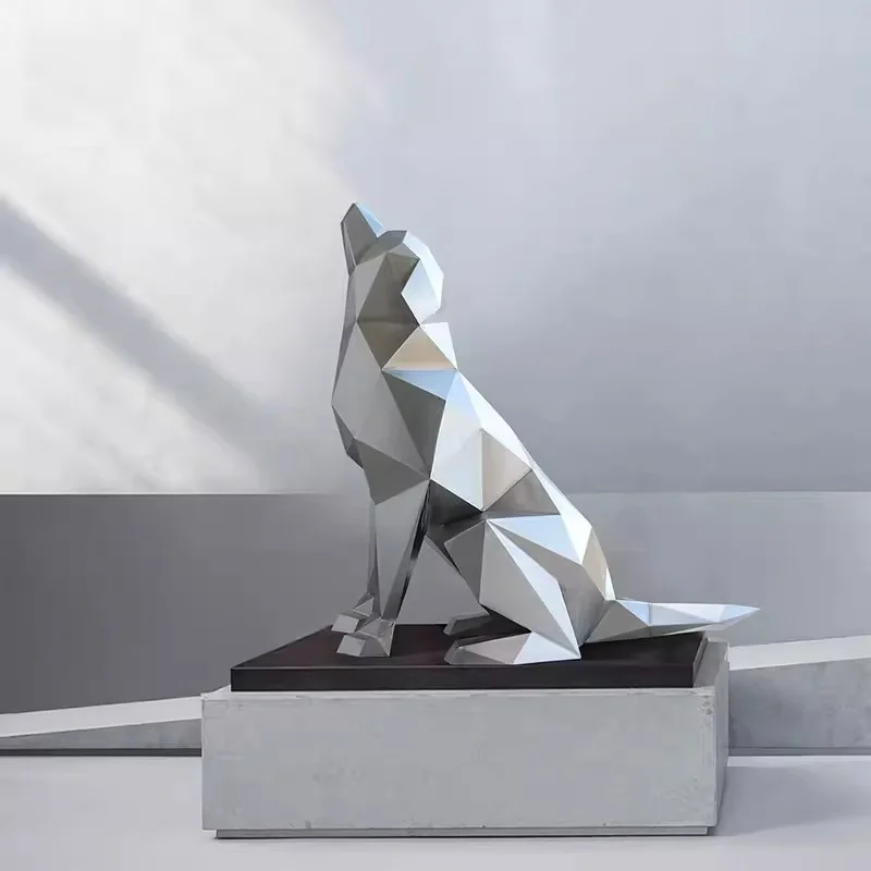 Stainless steel geometric dog block face dog sculpture Sales department shopping mall hotel door outdoor abstract animal floor d