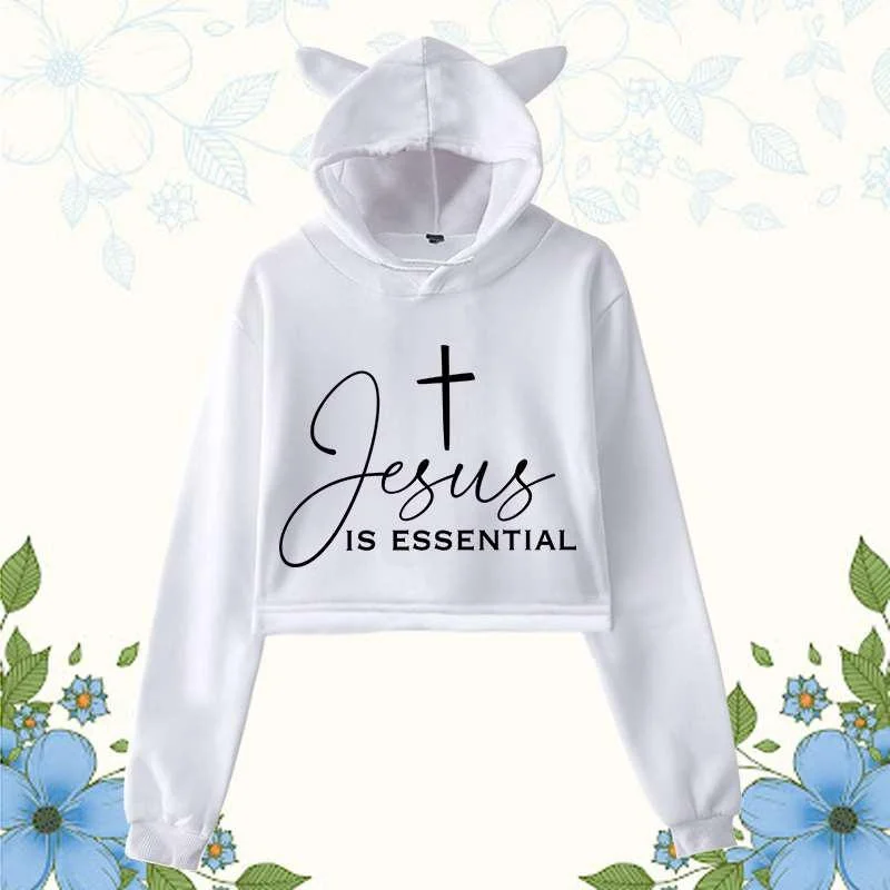 Jesus Is Essential Graphic Printed Cropped Hoodies Women Fashion Casual Personality Hooded Long Sleeve Pullover Sweatshirts