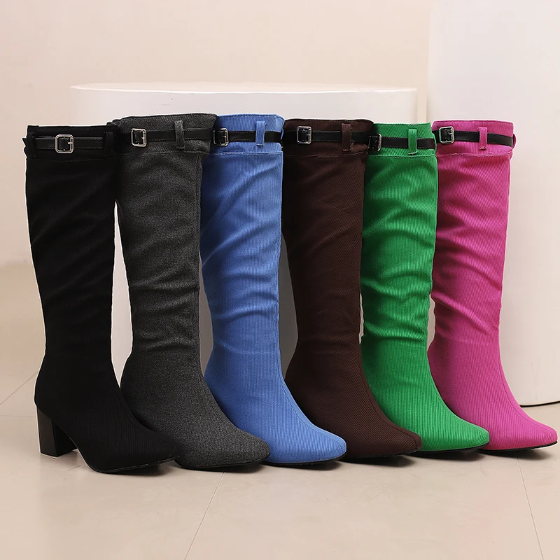 Green Blue Women Cozy Cloth Fabric Knee High Boots Fashion Square High Heels Autumn Winter Zipper Long Shoes Female Big Size 47