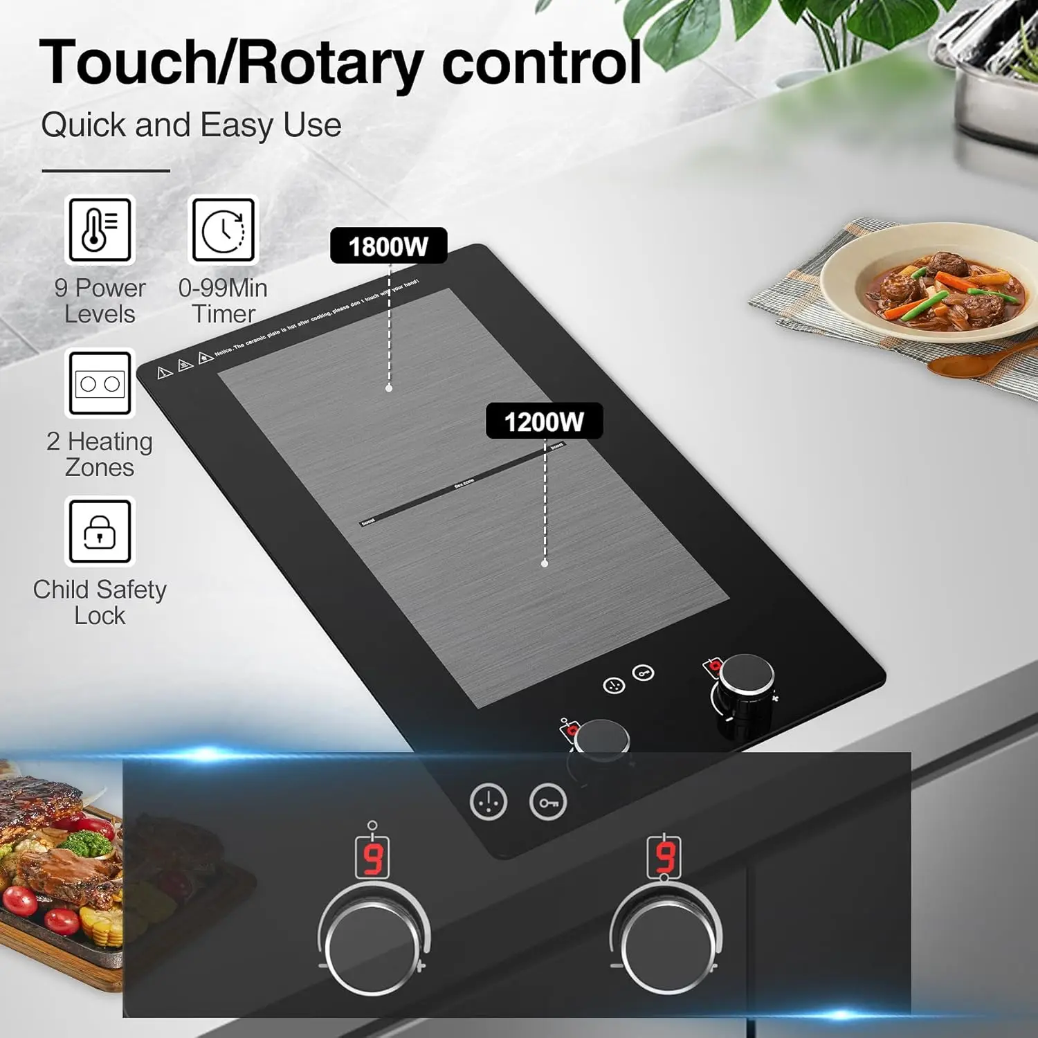 Cooktop, Induction Hot Plate 12 inch 3000W, Induction stove top with Rotary &Touch Control,110V 2 Burner Induction Cooktop with