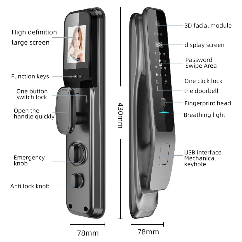 3D กล้องหน้าสมาร์ทล็อคลายนิ้วมือที่ล็อคประตูอิเล็กทรอนิกส์ cerradura Tuya สมาร์ทแอปควบคุมชีวิต