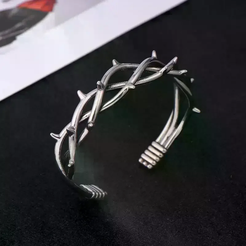 Gothic Thorn Cuff Bracelet For Unisex Punk Barbed Wire Bangle Stainless Steel Twisted Jewelry Gift