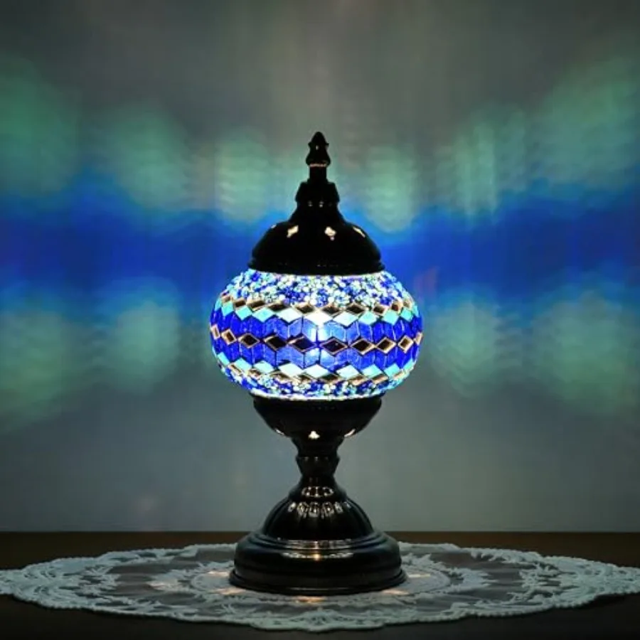 Turkish Moroccan Table Lamp Lantern with Handmade Mosaic Glass Lampshade Tiffany Style Bohemian Stained Glass Decorative Desk L