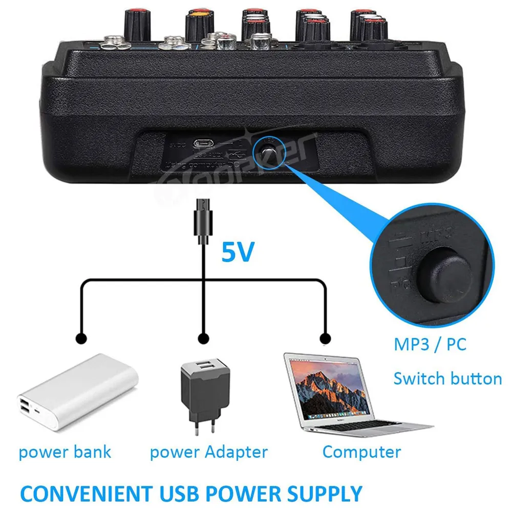 Imagem -03 - Mixer de Som Console de Canais Bluetooth Gravação Usb Computador 48v Phantom Power Delay Repaeat Effect Audio Mixer Woopker-a4