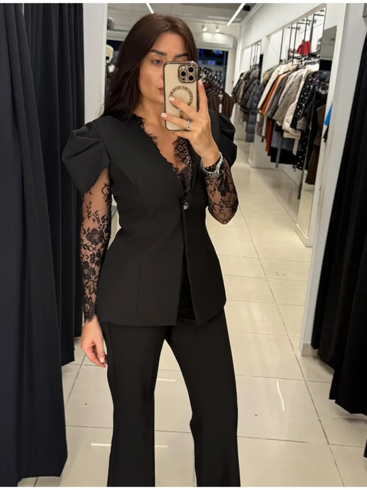 

Black Lace Patchwork Blazer Coat Women Full Sleeve Waist Cinching Single Button Solid Jacket 2026 Lady Daily Street Outerwear