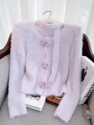Fashion Flower V-neck Slim Knitwear Tops Women Autumn Winter Elegant Temperament Solid Color Sweater All-match Knitting Cardigan