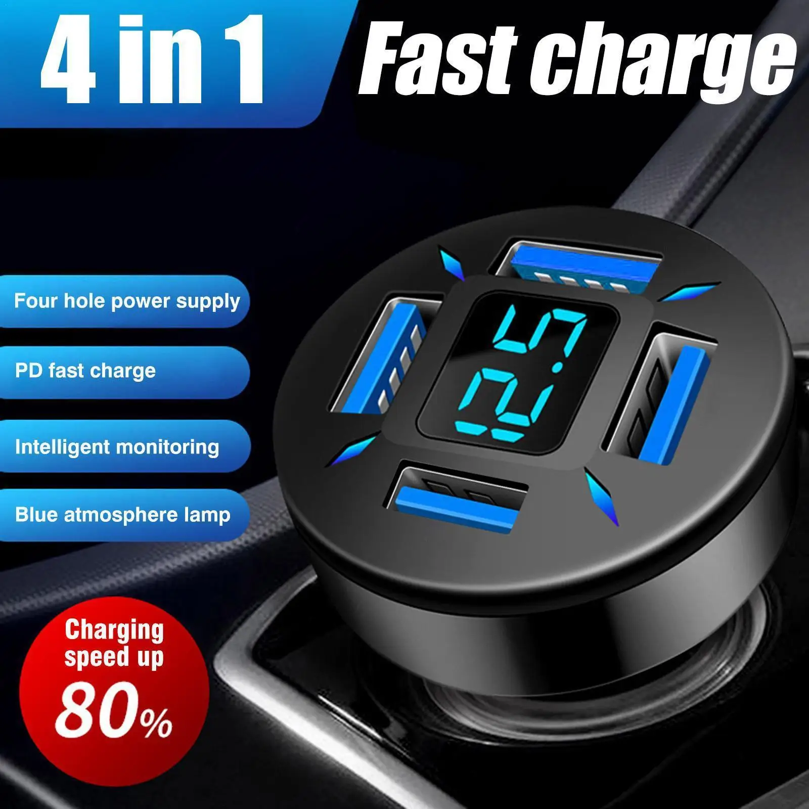 Car Charger 4-Port USB Fast Charging QC3.0 Type C Fast Car Cigarette Socket Lighter Adapter Splitter Charging