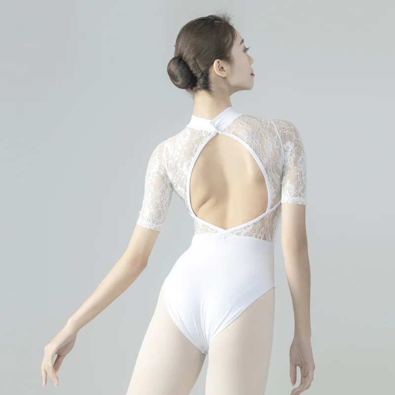 

Балетное трико с высоким воротником и кружевным принтом, комбинезон для гимнастики для взрослых с открытой спиной и рукавом, одежда для йоги и коррекции фигуры