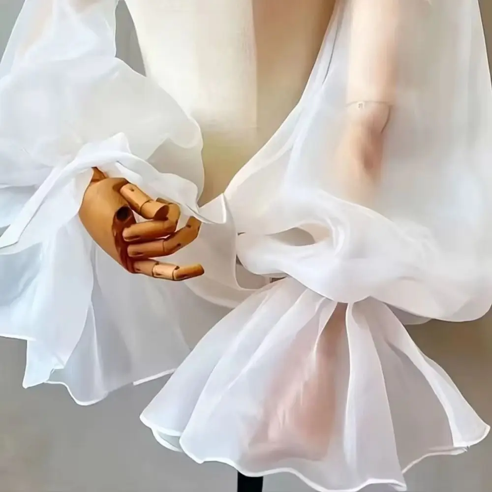 Elegant Puffy Bridal Sleeves Transparent High Neck Wedding Arm Sleeves Ruffles Lantern Sleeve Bride Shawl Sleeve Banquet Decor