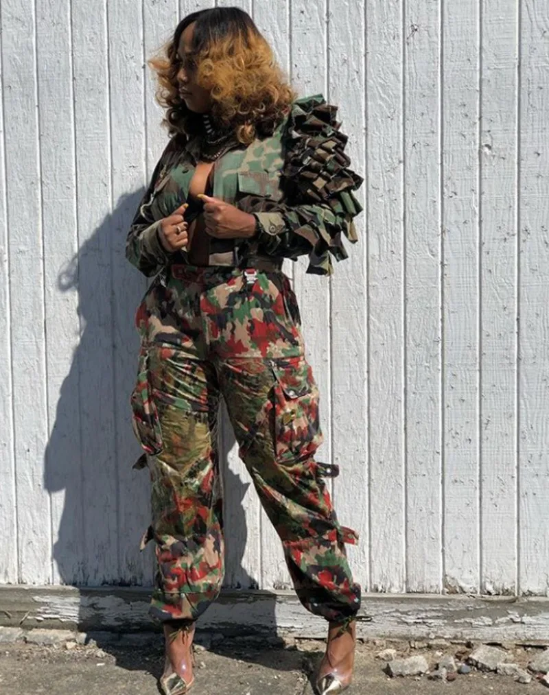 Cascading Ruffles Camouflage Print Crop Jackets Top Women Fashion Turn Down Collar Long Sleeve Single Breasted Casual Coats